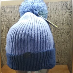 All in Motion Blue Girls Color Block Knit Winter Beanie Hat W/Pom One Size NWT